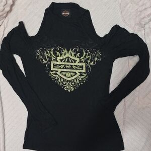Harley-Davidson Women's Black Cold-Shoulder Rhinestone Logo Top